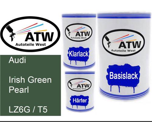 Audi, Irish Green Pearl, LZ6G / T5: 500ml Lackdose + 500ml Klarlack + 250ml Härter - Set, von ATW Autoteile West.